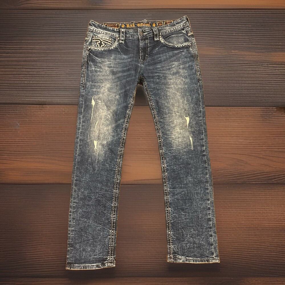 Rock Revival Eben Straight Leg Jeans Mens Size 36 Distressed Blue Acid Wash